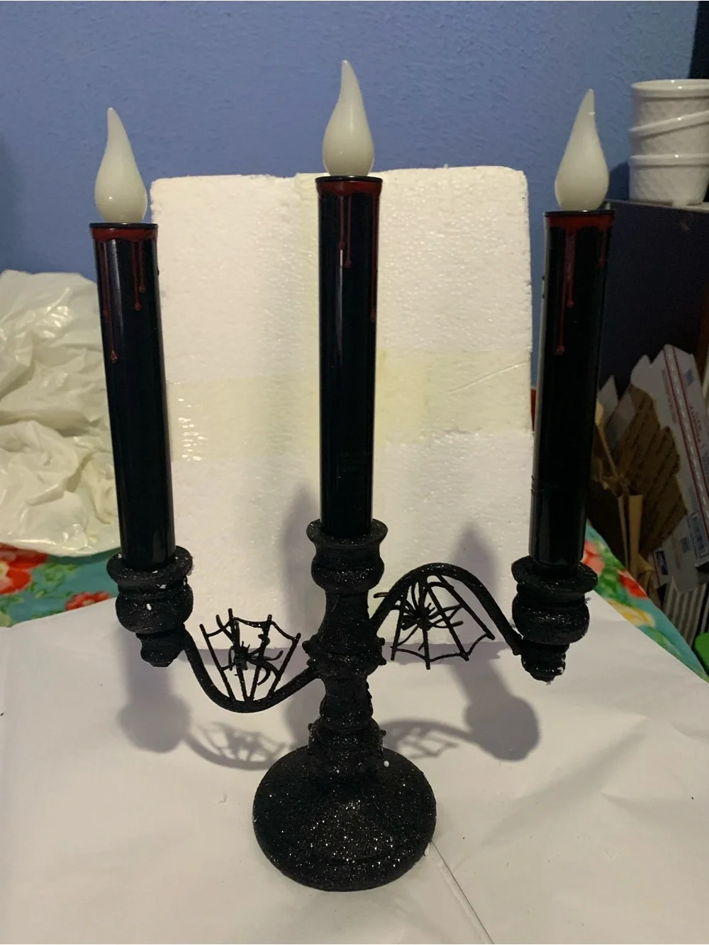2 Black Halloween Candelabras With Spiders & Webs